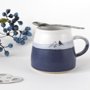 Handmade ceramic mug with birds, blue and white garden bird mug, gift for bird lovers