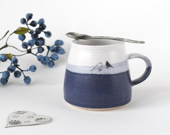 Handmade ceramic mug with birds, blue and white garden bird mug, gift for bird lovers