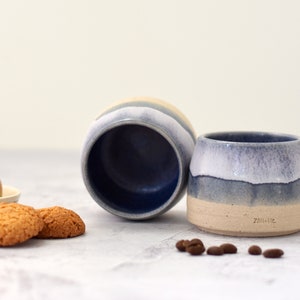 Artisan-crafted Espresso Cup Glazed in White and Midnight Blue: Petite Ceramic Delight in Handmade Stoneware image 3