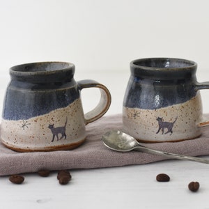 Dinky ceramic espresso cup with original cat illustration glazed in midnight blue and creamy white handmade pottery image 2