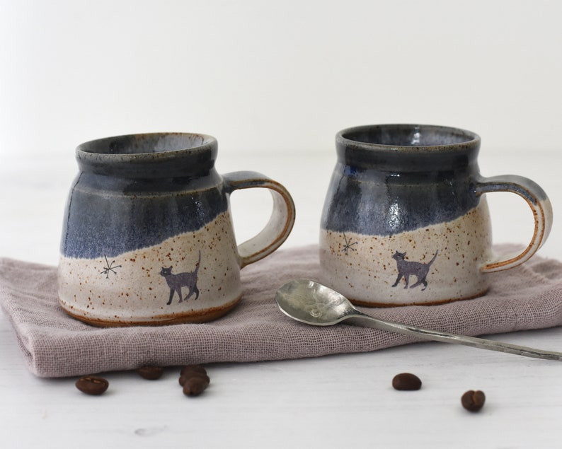 Dinky ceramic espresso cup with original cat illustration glazed in midnight blue and creamy white handmade pottery image 2