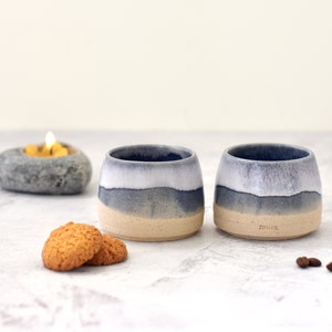 Artisan-crafted Espresso Cup Glazed in White and Midnight Blue: Petite Ceramic Delight in Handmade Stoneware image 1