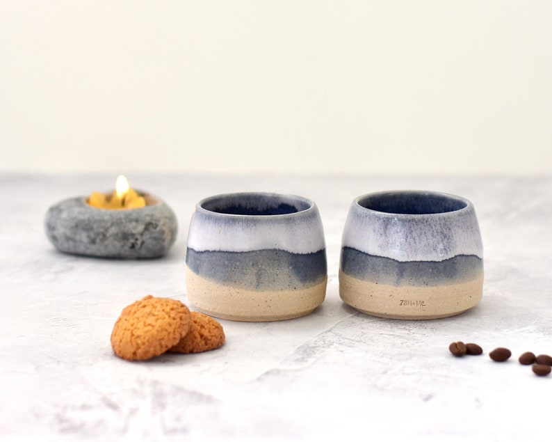 Artisan-crafted Espresso Cup Glazed in White and Midnight Blue: Petite Ceramic Delight in Handmade Stoneware image 1