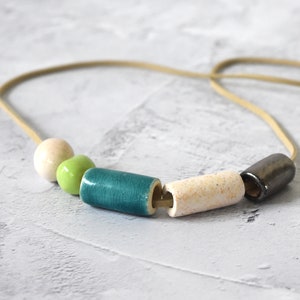 Ceramic Bead Necklace hand-formed emerald and mint green, silver and ivory glazed beads on a faux suede band image 4