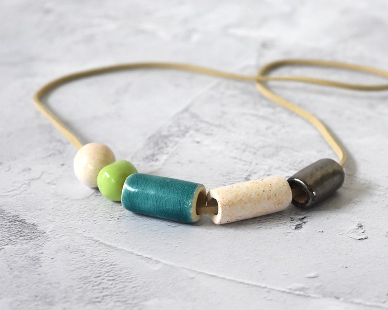 Ceramic Bead Necklace hand-formed emerald and mint green, silver and ivory glazed beads on a faux suede band image 4