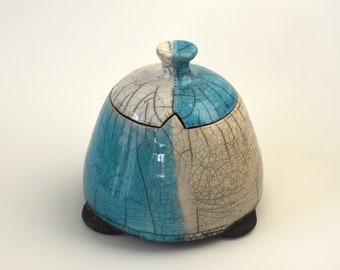 One-off ceramic lidded pot glazed in turquoise and white - Raku pottery