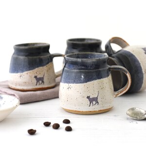 Dinky ceramic espresso cup with original cat illustration glazed in midnight blue and creamy white handmade pottery image 3