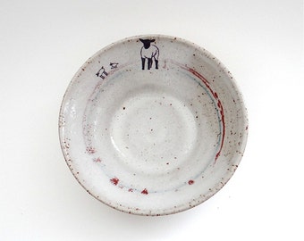 Ceramic Cereal Breakfast Bowl with Sheep and Lambs - Handmade stoneware pottery