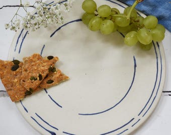 Handmade round ceramic platter, blue and white stoneware platter, cheese plate, cheese platter, handmade pottery