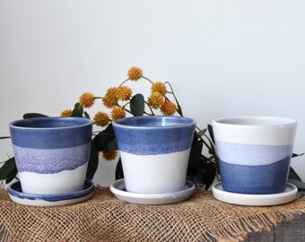 Blue+white ceramic planters with matching saucers available individually or as Set of 3 - handmade stoneware pottery