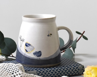 Handmade mug with bee and cow parsley, blue and white ceramic coffee tea cup, bee lovers gift, semi abstract ceramic mug, housewarming gift