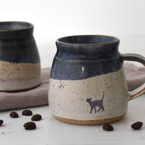 Dinky ceramic espresso cup with original cat illustration glazed in midnight blue and creamy white handmade pottery image 4