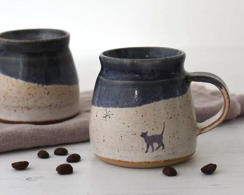 Dinky ceramic espresso cup with original cat illustration glazed in midnight blue and creamy white handmade pottery image 4