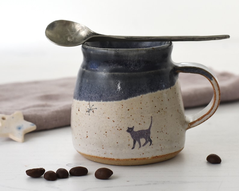 Dinky ceramic espresso cup with original cat illustration glazed in midnight blue and creamy white handmade pottery image 1