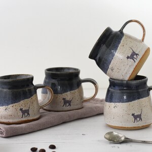 Dinky ceramic espresso cup with original cat illustration glazed in midnight blue and creamy white handmade pottery image 5