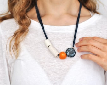 Ceramic Bead Necklace - hand-formed clay beads on a silk ribbon - finished with round sterling silver beads