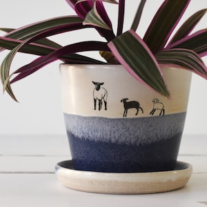 Ceramic planter with sheep in blue and white for houseplants, succulents and herbs - 9cm tall x 9.5cm wide
