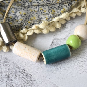 Ceramic Bead Necklace hand-formed emerald and mint green, silver and ivory glazed beads on a faux suede band image 1