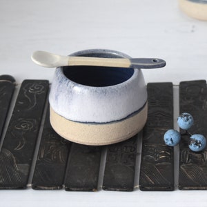 Artisan-crafted Espresso Cup Glazed in White and Midnight Blue: Petite Ceramic Delight in Handmade Stoneware image 2