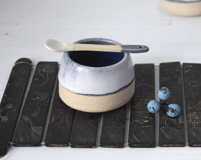 Artisan-crafted Espresso Cup Glazed in White and Midnight Blue: Petite Ceramic Delight in Handmade Stoneware image 2