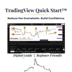 May include: A digital guide titled TradingView Quick Start with the subtitle Reduce the Overwhelm. Build Confidence. The image displays a TradingView stock market chart interface with gold arrows pointing to price trends and a paper trading dashboard.