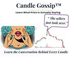 Könnte beinhalten: Eine Grafik mit dem Text Candle Gossip, Learn What Price Is Actually Saying und Learn the Conversation Behind Every Candle. Sie enthält eine Pop-Art-Illustration einer rufenden Person und ein Börsendiagramm mit einer Sprechblase, die The sellers just took over sagt.