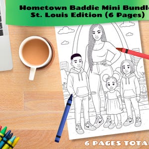 Puede incluir: Una página para colorear con una ilustración familiar, un crayón rojo y un crayón azul. El texto "Hometown Baddie Mini Bundle - St. Louis Edition (6 Pages)" está en la parte superior. Las palabras "6 PAGES TOTAL!" están en la parte inferior.
