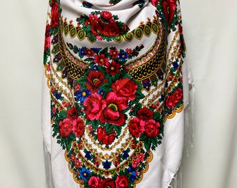 Châle blanc d’Ukraine Ukraine hustka Châle d’art populaire Châle floral traditionnel Châle slave Ukraine mariage floral chale Ukraine foulard