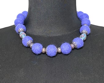 Felt Short Bib Bead Necklace Ukraine Artist Wool Beads  Necklace Pom Pom Necklace Purple Beads Felted Necklace