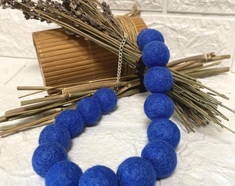 Blue Merino Wool Felt Bead Necklace: Chunky Bib Statement Jewelry