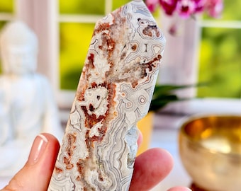 High Quality Mexican Crazy Lace Agate Tower With Quartz Druzy