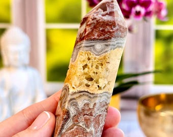 Crazy Lace Agate Tower from Chihuahua, Mexico Polished Lace Agate Joyful Energy Lace Agate Mexican Agate Banded from Mexico