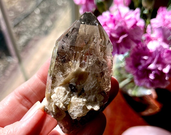 Rich Smoky Morion Quartz Point with Record Keepers and Aegirine and Orthoclase Inclusions from South Africa | Morion Smoky | P215V