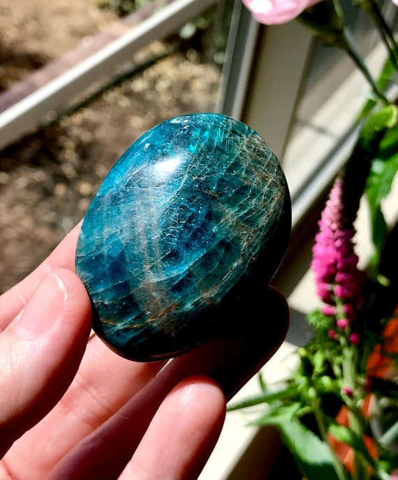 Beautiful Chatoyant Teal Blue Apatite Palm Stone from Madagascar | A Grade | Rare | Unheated and Untreated | Beautiful Teal Apatite | APA-O