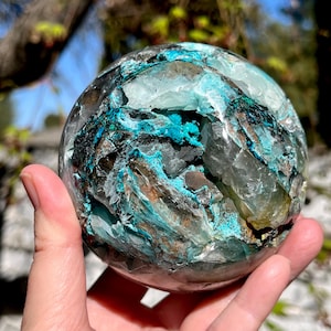 Shattuckite Sphere from Peru | RARE | Chrysocolla, Malachite, & Azurite in Quartz | Peruvian 88mm Shattuckite Sphere | Chrysocolla in Quartz