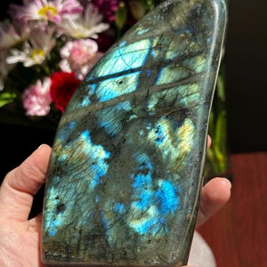 May include: A large, freeform, polished labradorite crystal with iridescent blue and green colors. The crystal has a smooth, polished surface and a natural, irregular shape.