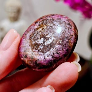 以下が含まれることがあります： 深いマゼンタと紫の色合いに、黒とダークブラウンの鉱物インクルージョンが特徴的な、磨かれた楕円形のルビーの宝石。表面は滑らかで光沢のある質感で、自然な縞模様と内部の亀裂がはっきりと見えています。
