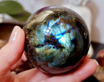 Labradorite 58mm Sphere from Madagascar | Protection | Crystal Healing | Aqua, Green, Gold, and Electric Blue Flash | Psychic Development