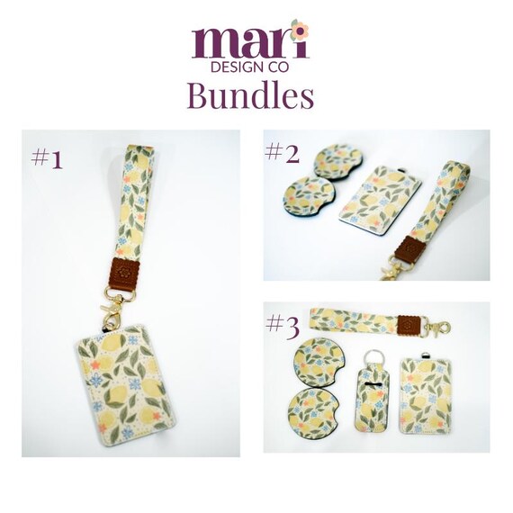 Dulce Lemon Design Wristlet Keychain, Car Coasters, ID Badge