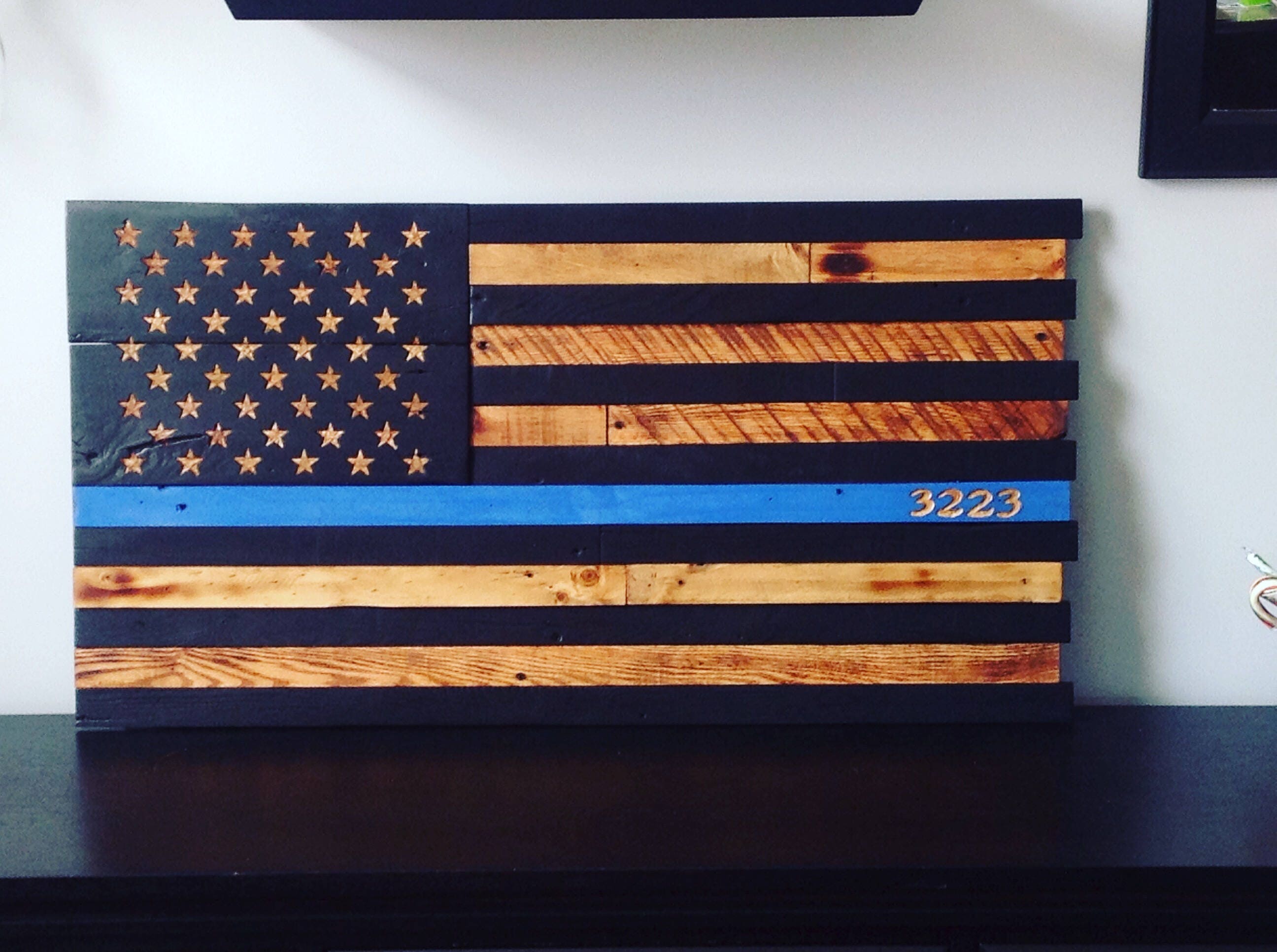 American Flag Wooden *Blue Line Police Hand Carved Stars*