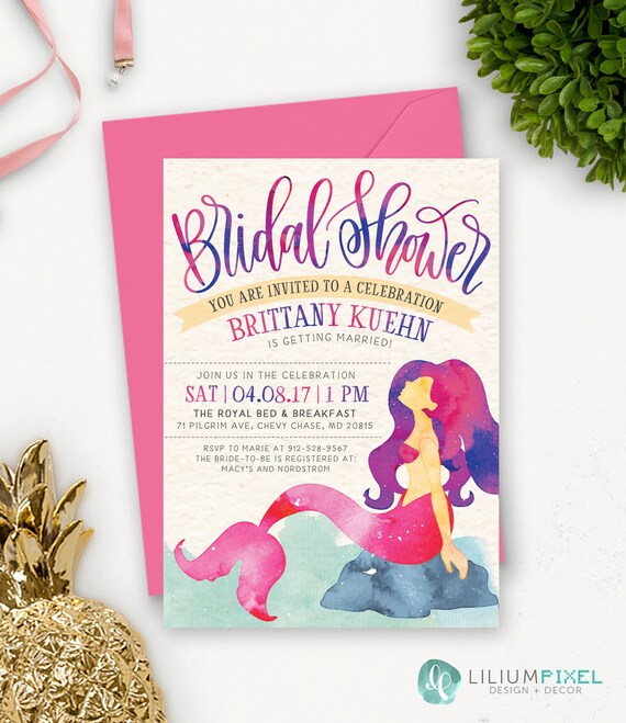 Watercolor Bridal Shower Invitation Printable Mermaid Image 0