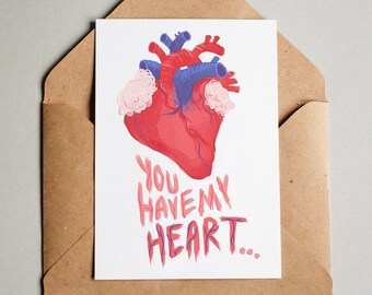 Anatomical Heart Valentine's Printable Card, Creepy Romance Card, Heart Greeting Card, Medical, Horror