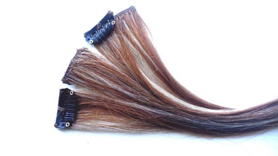 Remy 100 Human Hair Extension Clip In Streaks Straight Etsy