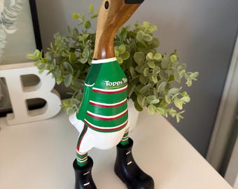 Hand-Painted Bamboo Root Duck – Leicester Tigers RFC Rugby Fan Gift (25cm)