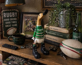 Leicester Tigers Personalised Hand-Painted Wooden Duck, Bamboo Root Rugby Fan Gift, 25cm