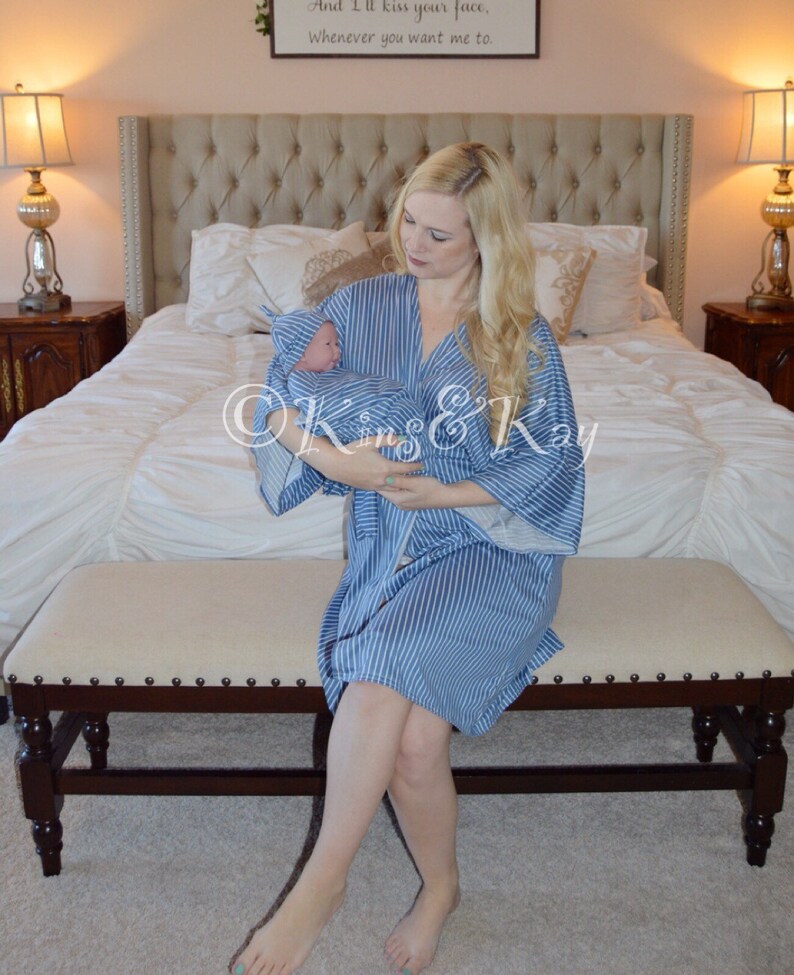 Striped Swaddle Blanket Mommy And Me Coming Home Outfit Baby Shower Gift Mommy and Me Matching BlueWhite Stripe Kimono Robe and Swaddle