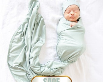 Baby Boy Swaddle And Beanie Set, Newborn Swaddle, Sage Green Swaddle Set, Receiving Blanket, Baby Sleeper, Newborn Wrap Blanket - Sage