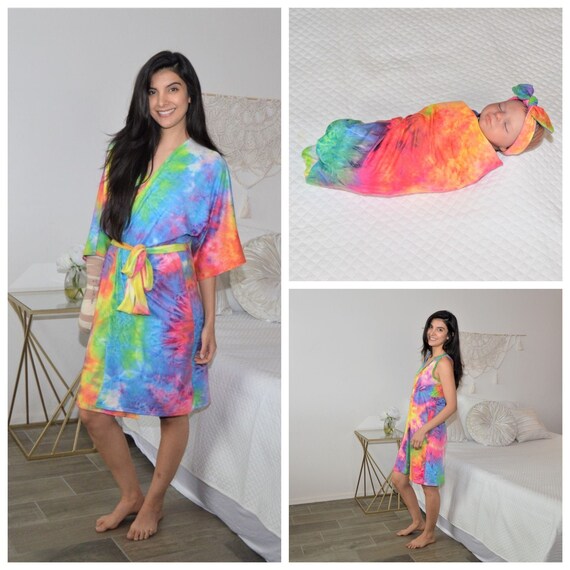 Rainbow TieDye Robe Nightgown Set and Swaddle Set Nursing Etsy