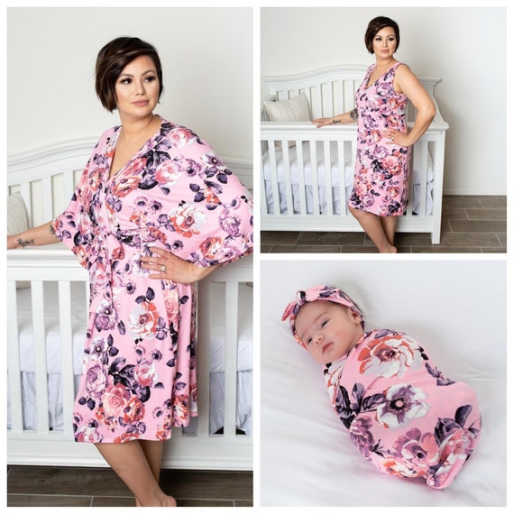 Pink Floral Robe Nightgown and Swaddle 