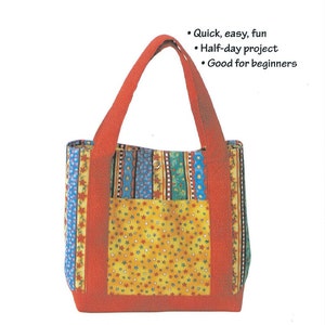 May include: A colorful mini-tote bag with a star-patterned pocket and red handles. The bag is made of various patterned fabrics, including blue, yellow, and green. Text on the image reads "Totally Awesome Mini-Tote" and "For the Love of Fabric".